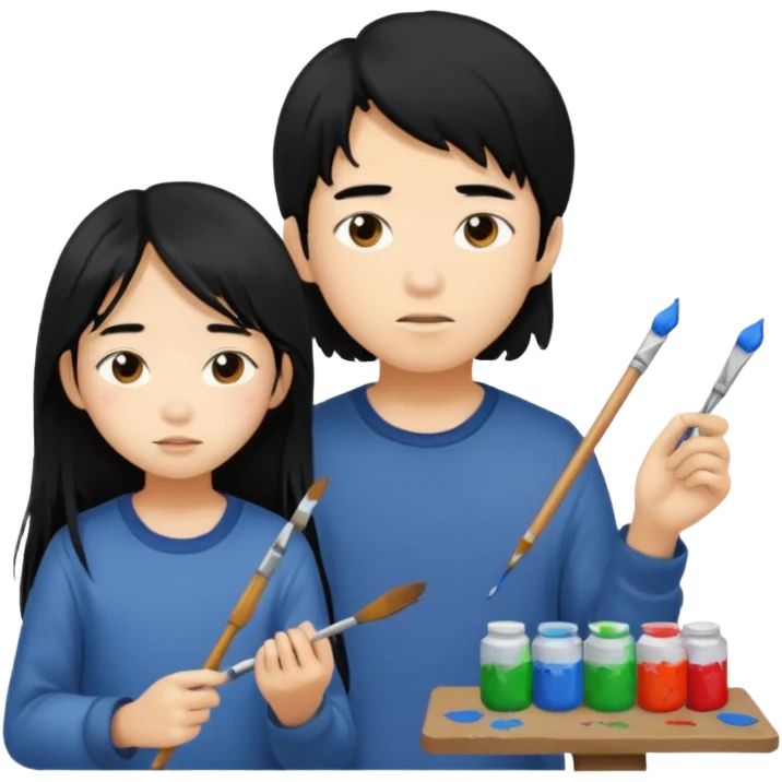 Asian boy with long hair and girl messy painters emoji