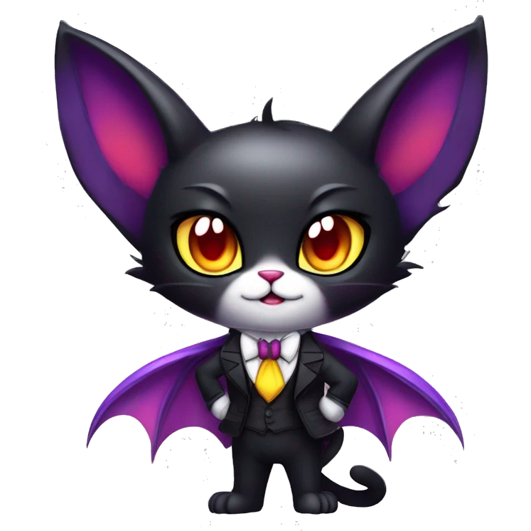 Cute-Edgy-Vampiric-Batty-Cat-Black-Purple-Red-Yellow-Contrast-Colors-Fantasy-Fur-Sona-Chibi-Shiny-Fakémon-Hybrid with horns and big fangs neck bow white tie leg spats full body emoji