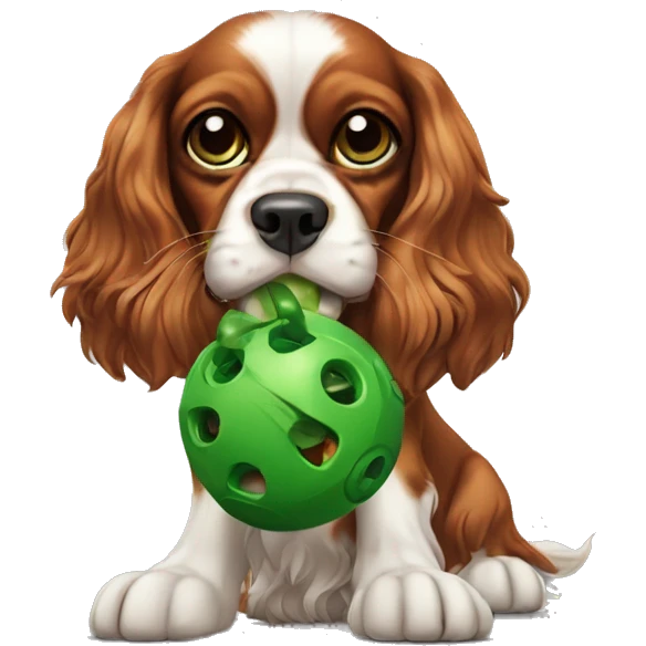 King cavalier charles spaniel with green toy "cog" in mouth   emoji