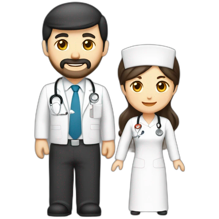 husband executive caucasian middle age trimmed beard business suit and open bible, with wife asian age 55 dark hair nurse uniform nurse cap emoji
