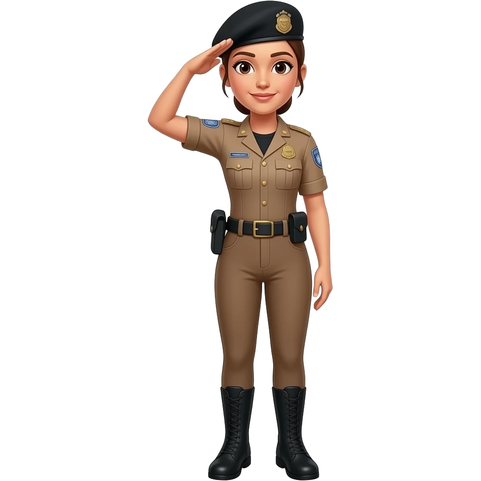 Sargento Gianne Policial militar da bahia feminina morena com cabelo amarrado no coque boina preta e farda marrom e camisa preta por dentro da farda sem enfeites na farda prestando continência emoji