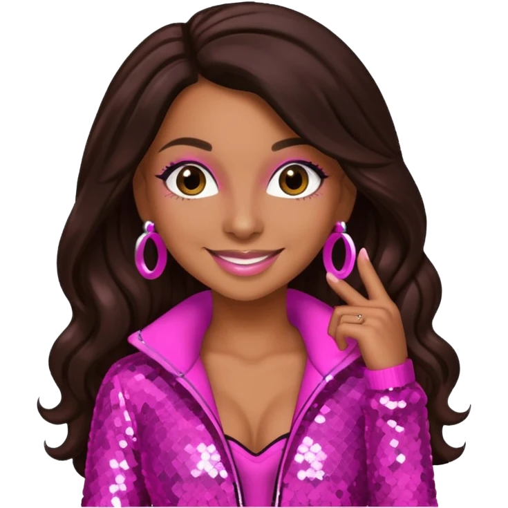 Mya, R&B Singer with dark brown long hair, pink sequin outfit emoji
