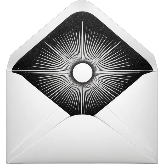 Open envelope + blank card, copperplate etching, microscopic dotwork ONLY, pure black/white, ultra-contrast, rays, tiny #fbcfe8 glow --ar 16:9 --style raw --s 10 --no 3d, gradient, smooth, gray, shadow, text emoji