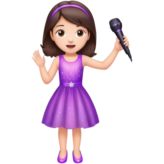 Cute Little brunette girl singing into a microphone and dancing while wearing pink and purple and sparkles  emoji