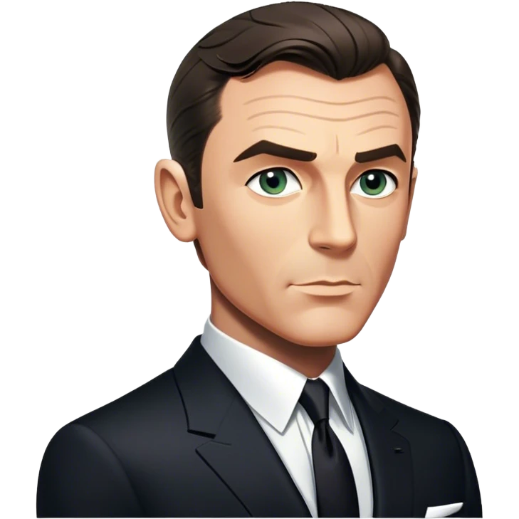 Cinematic Realistic James Bond Portrait Emoji, depicted as a suave, sophisticated secret agent in a tailored suit with a cool, composed gaze and an air of stealth and charm, rendered with crisp textures and dynamic cinematic lighting that captures his timeless espionage allure. emoji