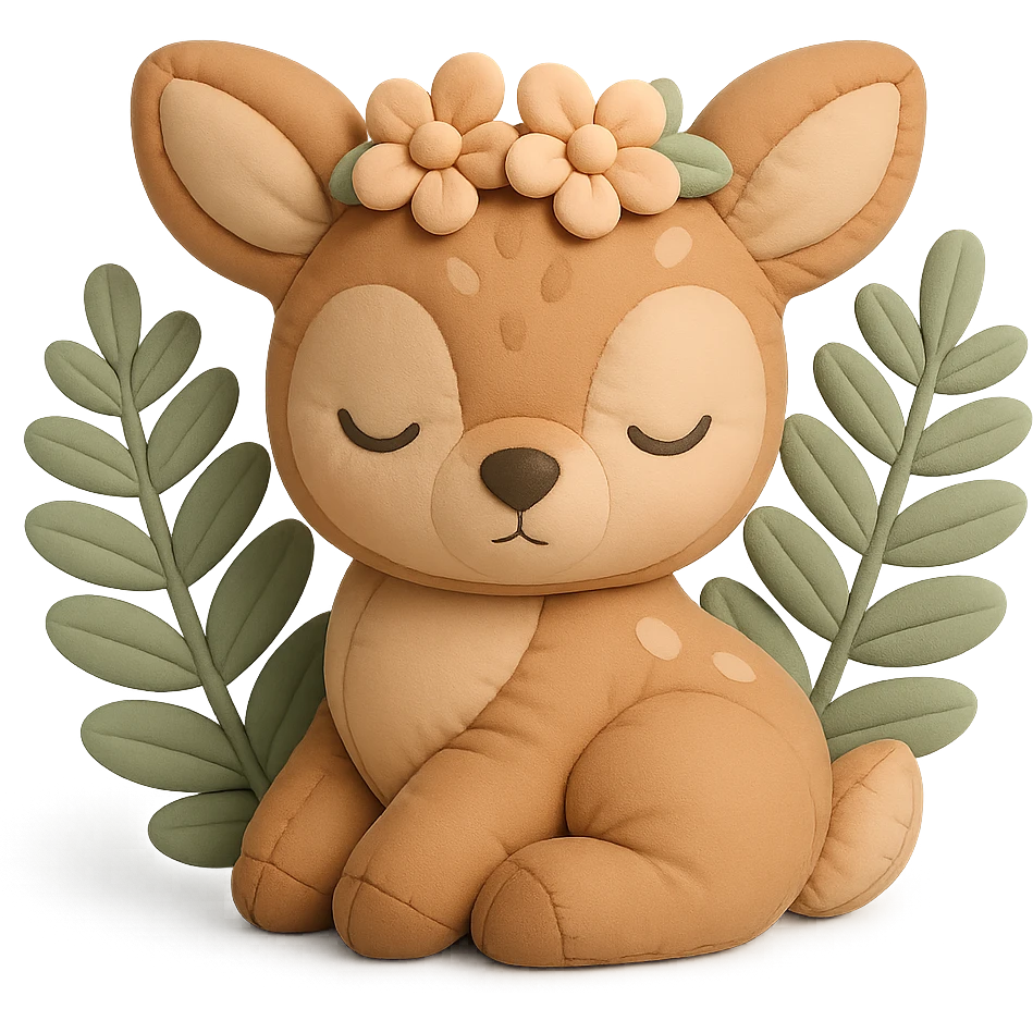 baby deer with a flower crown, surrounded by ferns, cushion style emoji