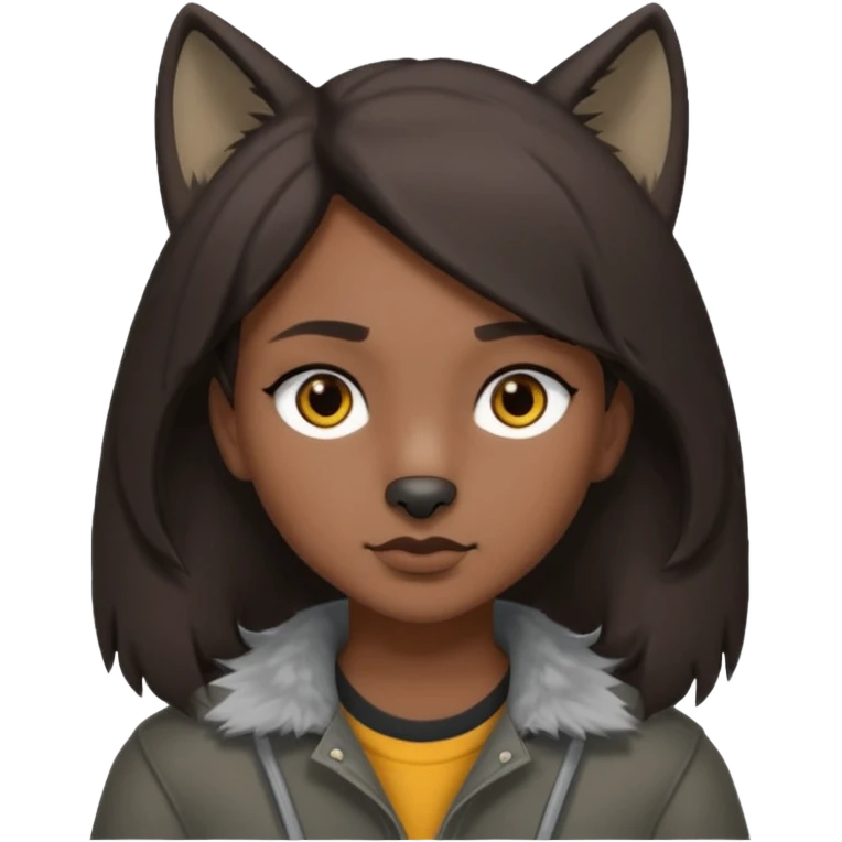 Hobo tomboy with dark brown hair in a wolf cut style that is parted in the middle. brown eyes, dark dull brown coat, grey shirt. emoji