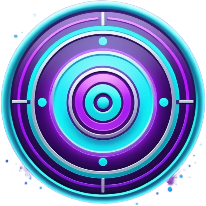 Futuristic glowing bullseye target emoji, neon purple and cyan holographic glow, dark background, digital tech style, abstract sparkles, no face. emoji