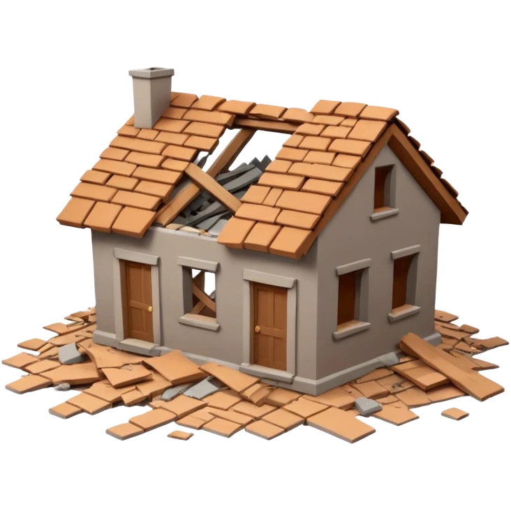 3D iPhone style emoji of a collapsed house, broken walls and roof pieces scattered, debris and ruins visible, isolated on white background, soft shadows, high detail, playful and cute. emoji