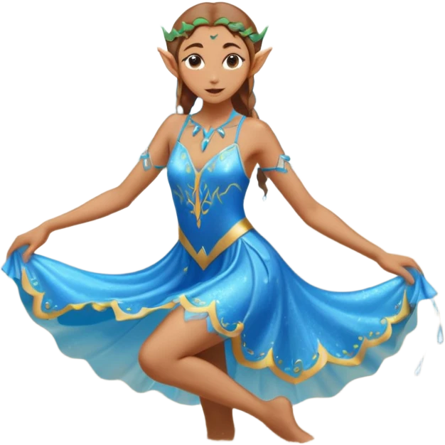 elf female dancer with water-like dress, graceful pose on wet sand, splashes, pointy ears, serene expression, centered emoji, ethereal blue colors emoji