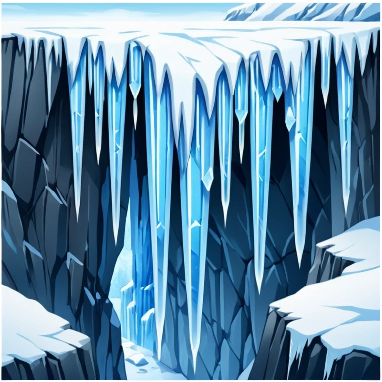 A stunning winter scene showing long, sharp icicles hanging from a frozen cliff or ledge, glistening in bright daylight. The surface is covered in snow and ice, with a cold blue and white color palette, highly detailed, realistic lighting, and frosty atmosphere. emoji