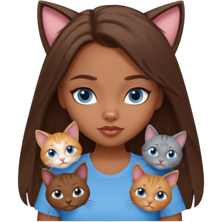 a pretty bratz dusky girl with long brown hair, blue eyes with six cats nd wearing a grey tshirt emoji