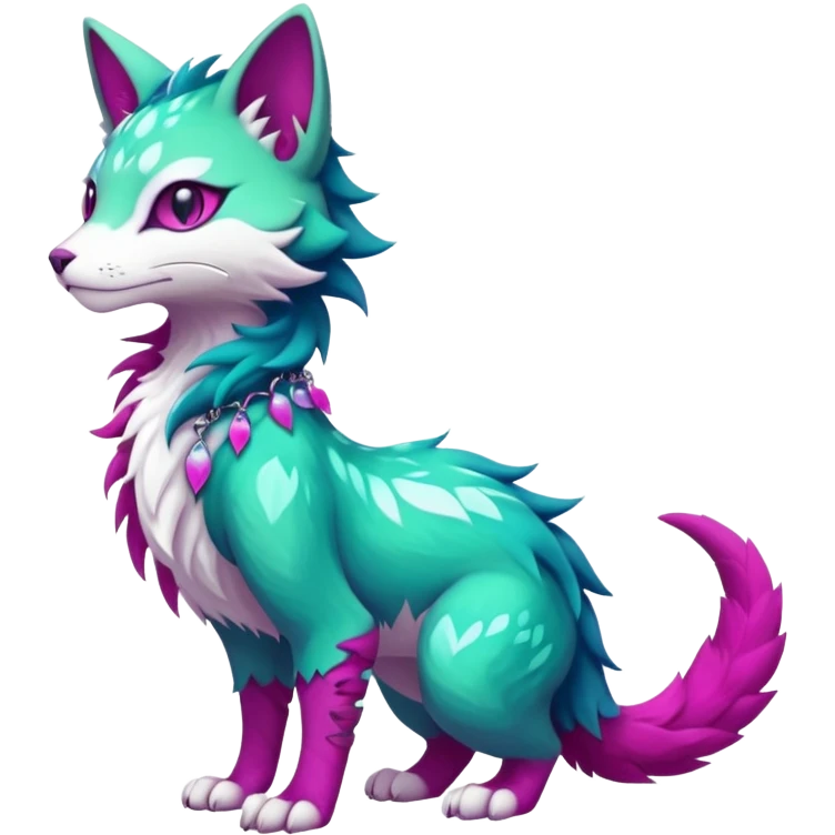 Kawaii colorful iridescent turquoise-green and magenta and white beautiful pretty elegant divine edgy fantasy feline-vernid-sergal-Fakémon-Pokémon-fursona-animal-creature with accessories, full body, with intricate detailed markings emoji