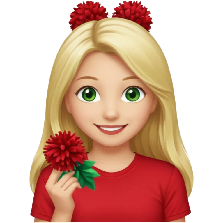Girl with long blonde hair, smiling, and green eyes and a red shirt and red pom poms cheerleader emoji