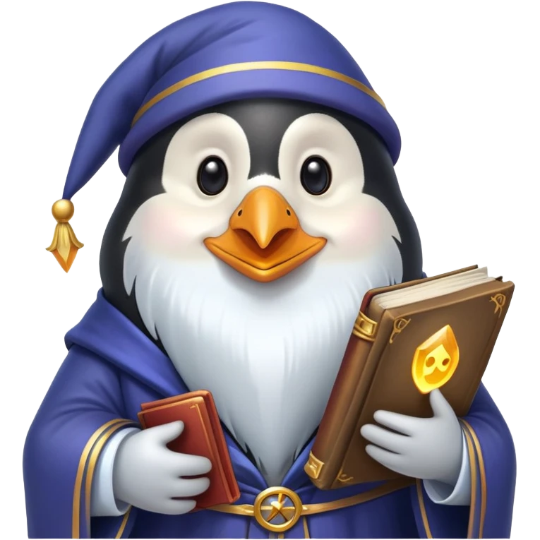 smiling penguin wizard with a long beard and magical book, emoji style emoji
