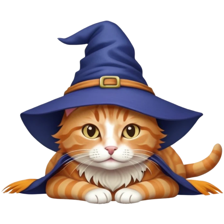 full body ginger tabby cat flopped over on her side wearing an indigo witch hat emoji