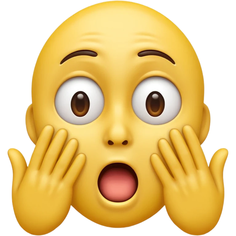 A 3D glossy yellow emoji of a shocked horrified face with no nose, with mouth and eyes are wide open, eyebrows  raised, and hands against their cheeks, black background, high quality, soft studio lighting emoji