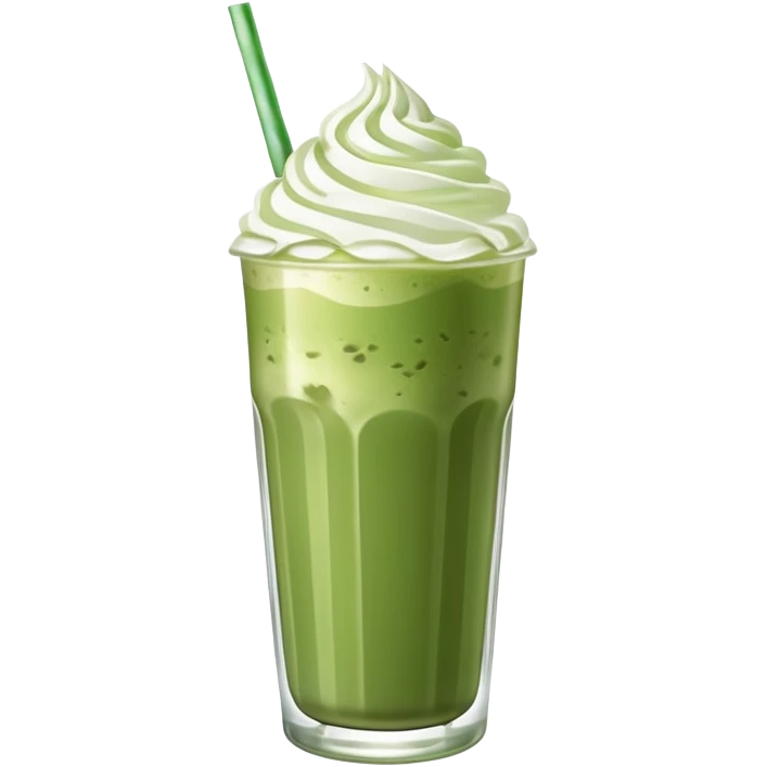 iced matcha latte in a tall clear glass with straw and whipped cream emoji