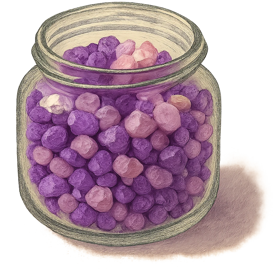 very realistic purple and pink crystal small rough pebbles in an open glass jar, mixed together, natural colors, soft, fairy-like atmosphere, no background, square size emoji