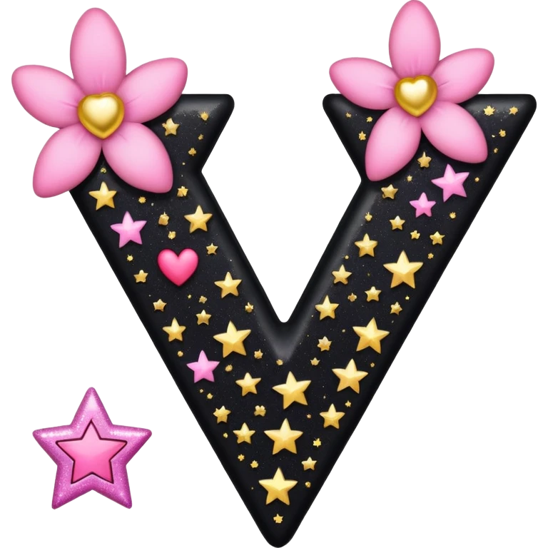 The letter V in black font with a pink heart stars and flowers emoji