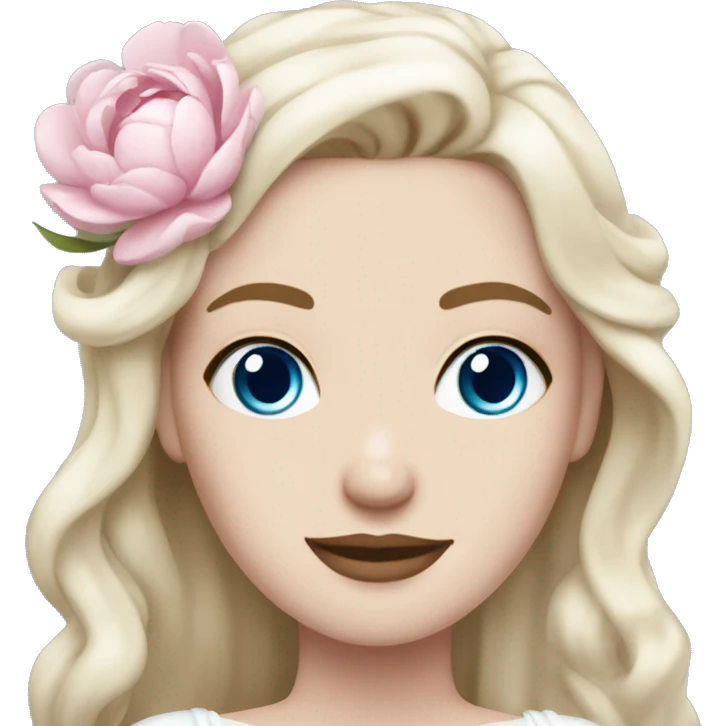 White bride with long light blonde hair and blue eyes with light pink peonies in hair white skin  emoji