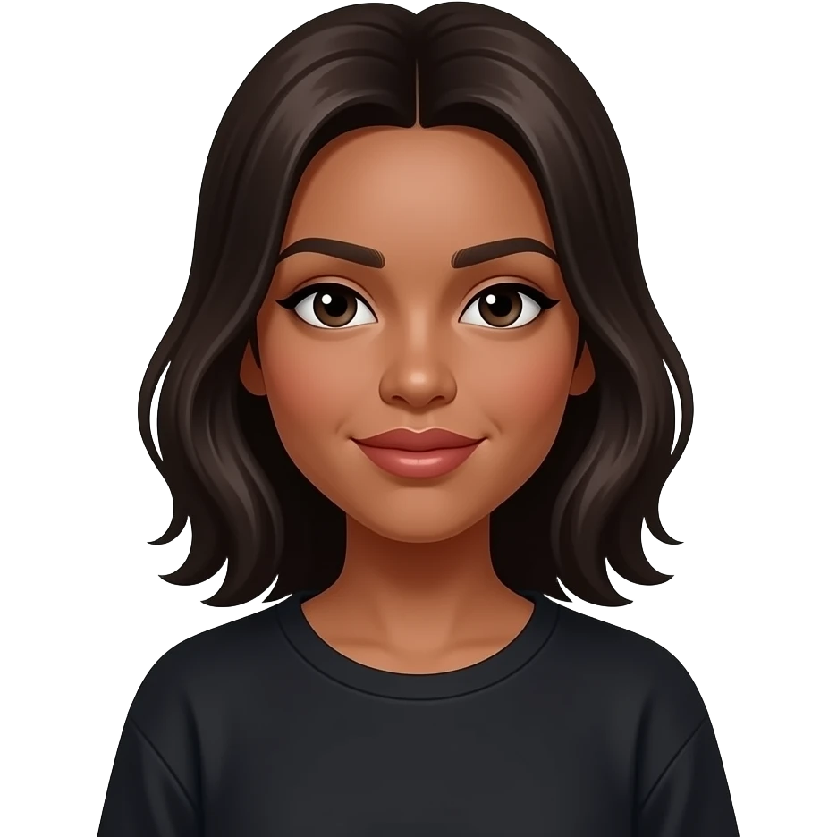 Piel morena, ojos achinados y negros, ropa negra y floja con labios pintados emoji