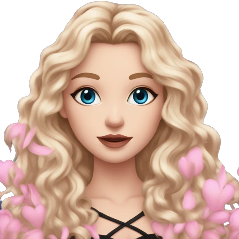 White girl 🧝🏻‍♀️, blue eyes, blond very long curly hair, pink lips, black arrows and brown eyeshadows, pink sexy dress. Background long. Magnolia levitate everywhere. emoji