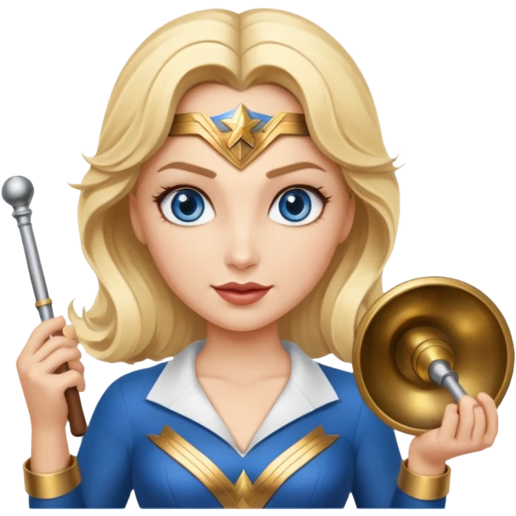 Blonde blue eyes Wonder Woman holding bell and short white orchestra conductor’s baton  emoji