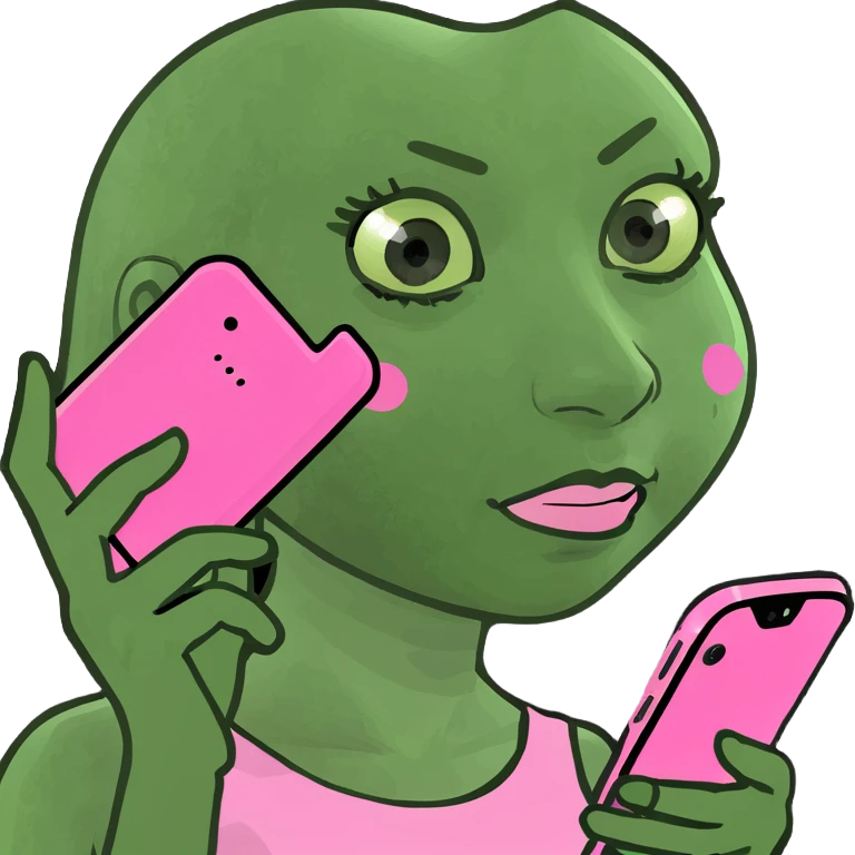 kawaii girl scrolling on pink cell phone emoji