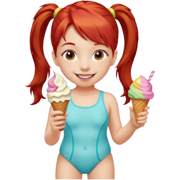 girl kid red haired swimsuit, eating ice cream, ponytail emoji