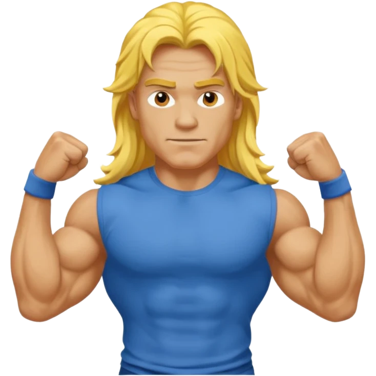 guy with biceps, long yellow hair, blue t-shirt emoji
