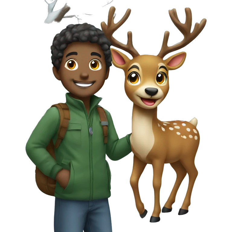 smiling boy outdoors by tree with Christmas rendeer emoji