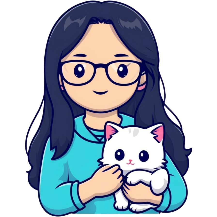 Beautiful girl with long black hair and glasses holding a white kitten emoji
