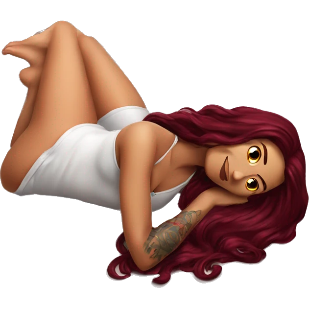 Beautiful tattooed burgundy long haired woman laying on the bed emoji