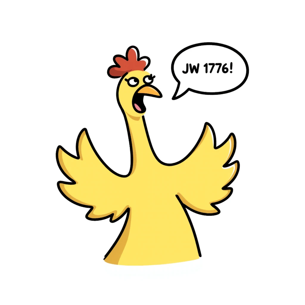 cartoon style shouting yellow long neck chicken with a funny expression, 'JW 1776' in a speech bubble emoji
