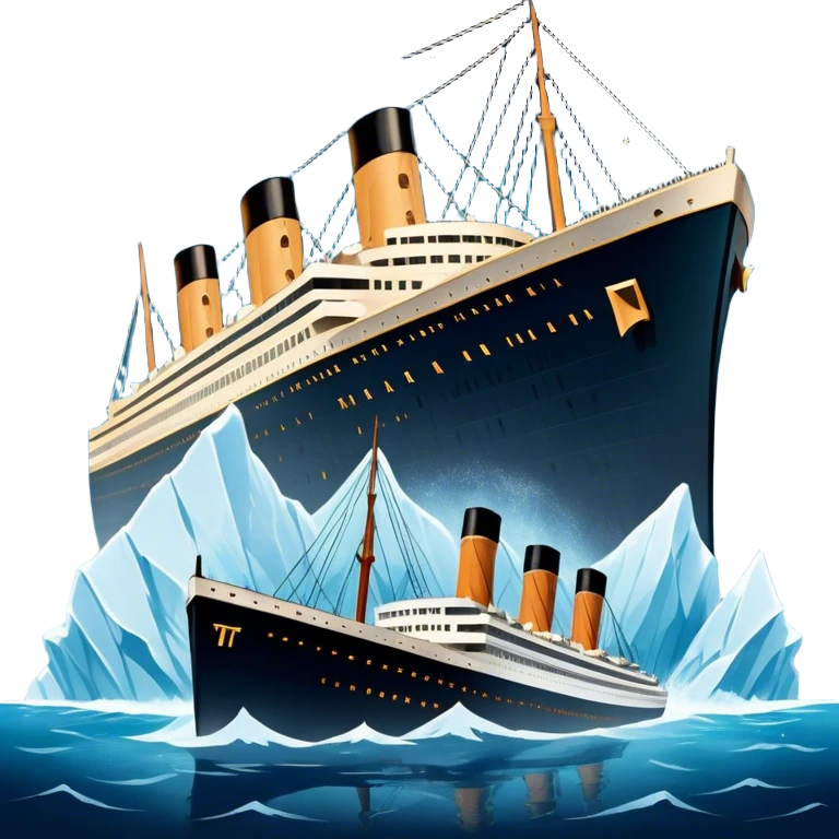 Icon for Titanic Movie: A vintage movie poster-style design featuring a dramatic scene of the ship, the iceberg, and a romantic silhouette of the main couple. Include elements like the ship’s bow, water splashes, and a starry sky in the background. Retro cinematic feel. Transparent background. emoji