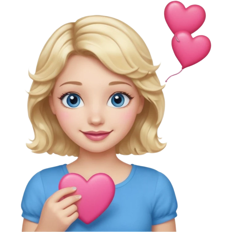 Girl Blonde short wavy hair,  blue eyes, cute blue top, long lashes, pink lips, smiling, holding hearts emoji