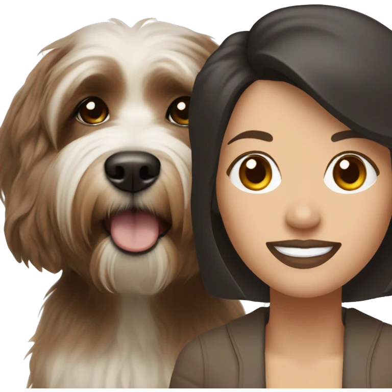 tan skinned middle aged woman with brown hair, with black and white havanese dog emoji