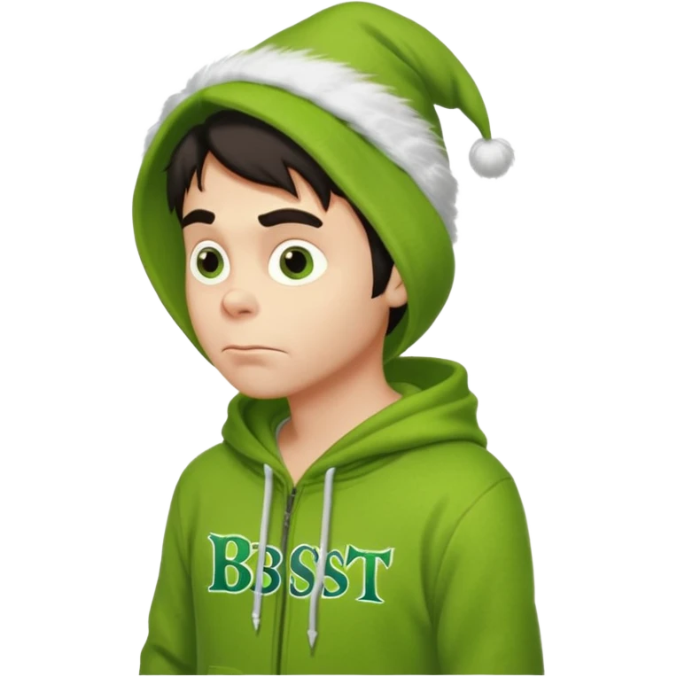 Create an avatar of white European with dark hair  male in hoodie with ``BST`` letters on it. Make background to look like from movie Grinch. make him look from right to left emoji