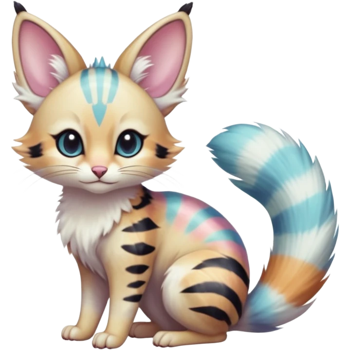  cute adorable whitish pastel fur with random colorful markings iridescent beautiful elegant pretty precious cute  Fakémon-Pokémon-alien-opossum-feline-serval-caracal-chinchilla-Minccino-hybrid-creature with a big fluffy bushy striped tail (full body) emoji