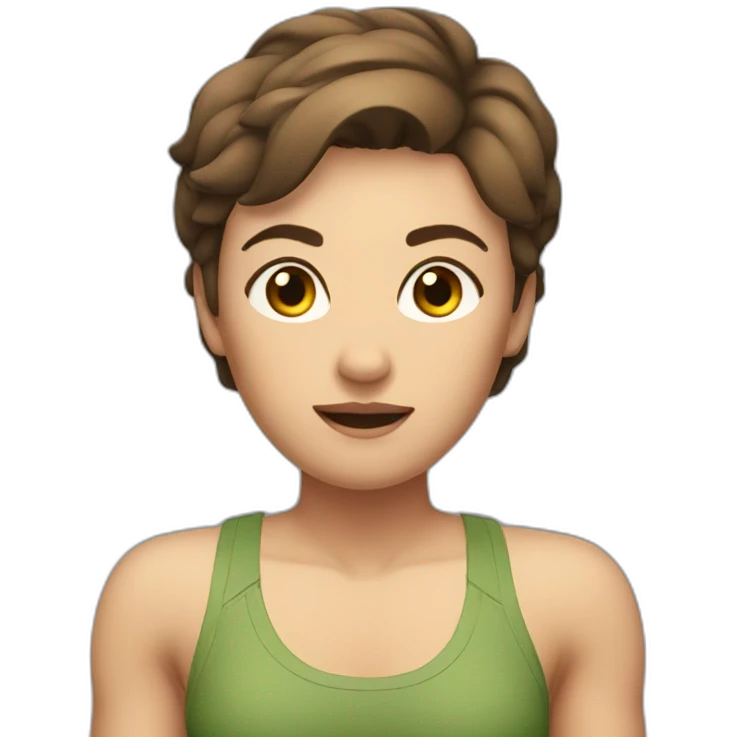woman with muscles,short hair,tired eyes,brown hair, tight swimming trunks emoji