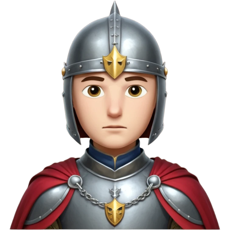 medieval knight horse rider portrait, head and shoulders only, polished steel armor collar, royal cape clasp, helmet partially visible, intense heroic eyes, fantasy medieval vibe, dramatic lighting, 3D cartoon, mobile game icon style, clean background, no text, no watermark
 emoji