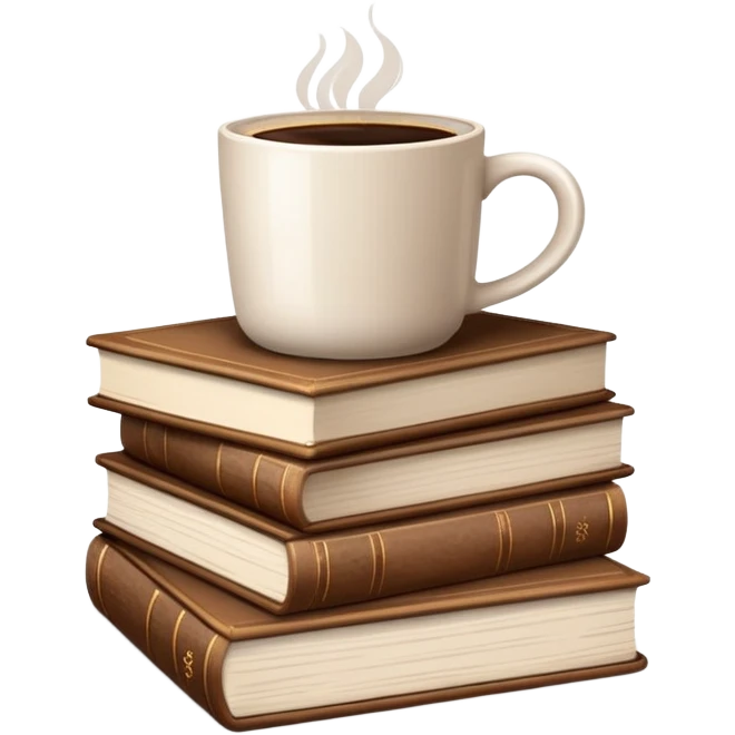 Stack of brown books with a coffee cup on top emoji