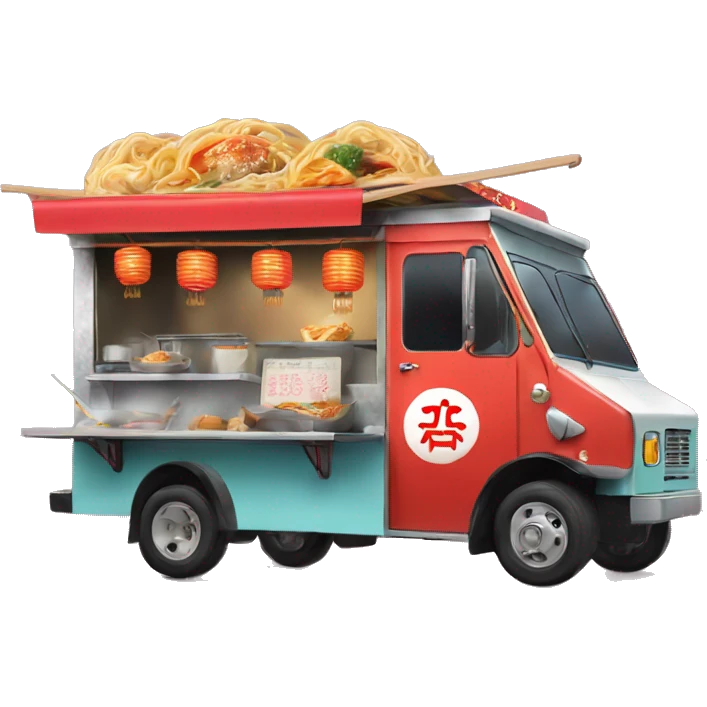 A food truck selling ramen is decorated with Japanese signs and lanterns emoji