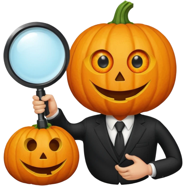 A pumpkin smiling at a magnifying glass (the magnifying glass has limbs and a suit thats black, the magnifying glass also has a eye, looks like a cyclops eye, one eye in the middle turn the magnifying glass into a living person) emoji