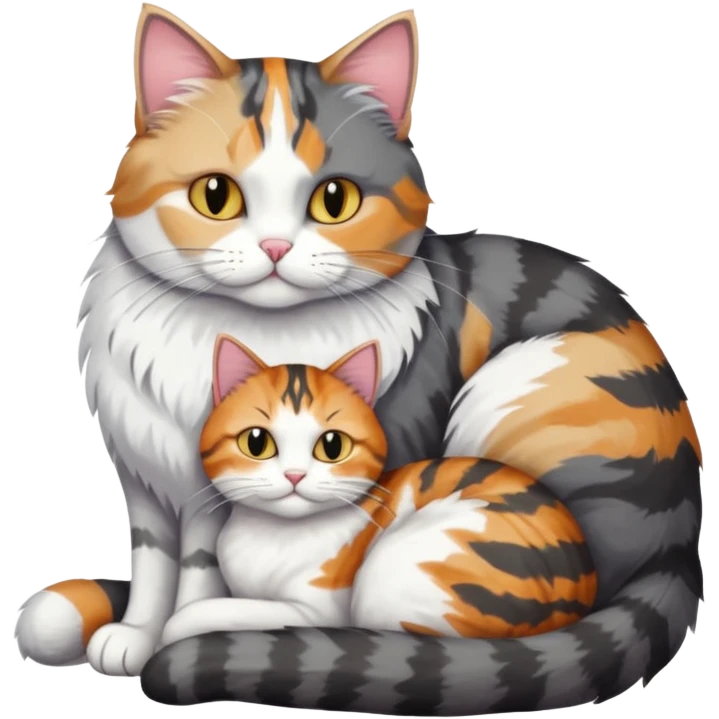 full body colourful light patched calico + white tabby cat cuddling a big dark grey and white tabby cat  emoji