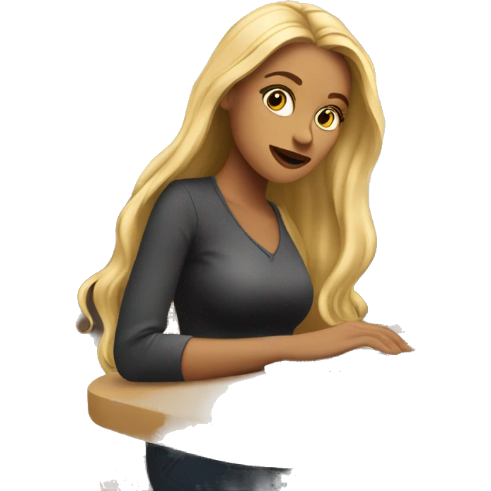 woman with long blonde hair sitting in cafe with laptop emoji