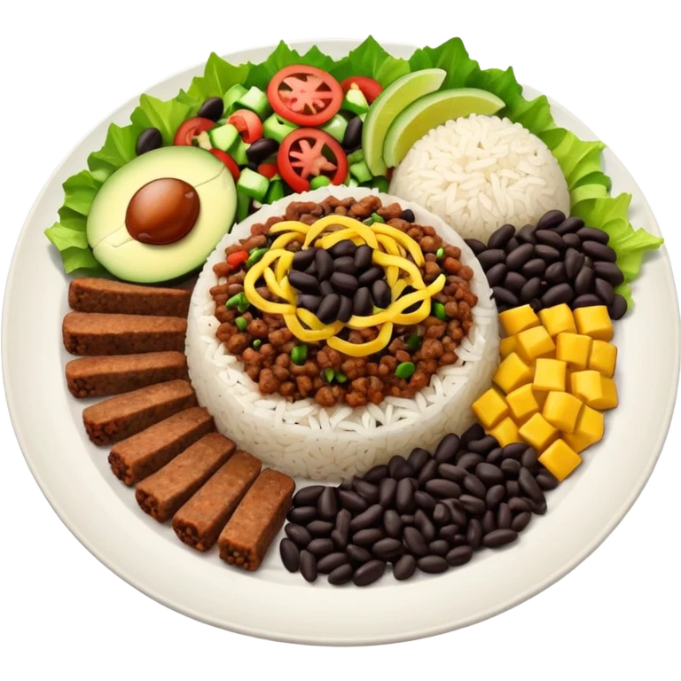 Food plate with rice, black bean, minced meat and salad emoji