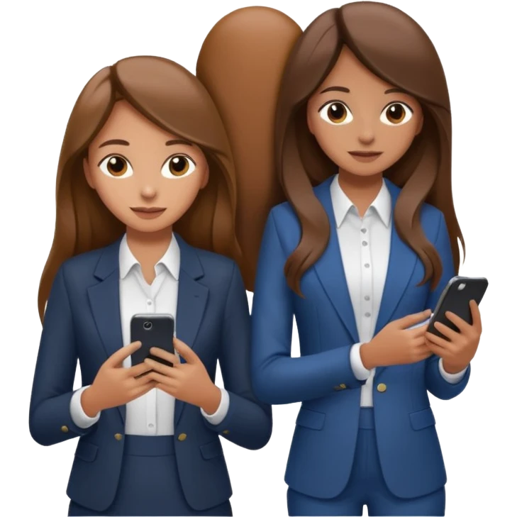 two brown haired girls, looking professional maybe leaned on each others back and looking forward and using phones, with long hair and one girl can hold lap top another one can hold the phone, professional clothes, more stylish emoji