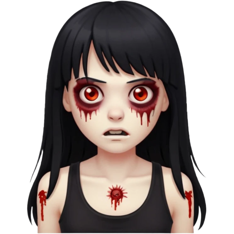 Zombie emoji with long black hair and bangs, big red eyes, small nose, and a simple black tank top. emoji